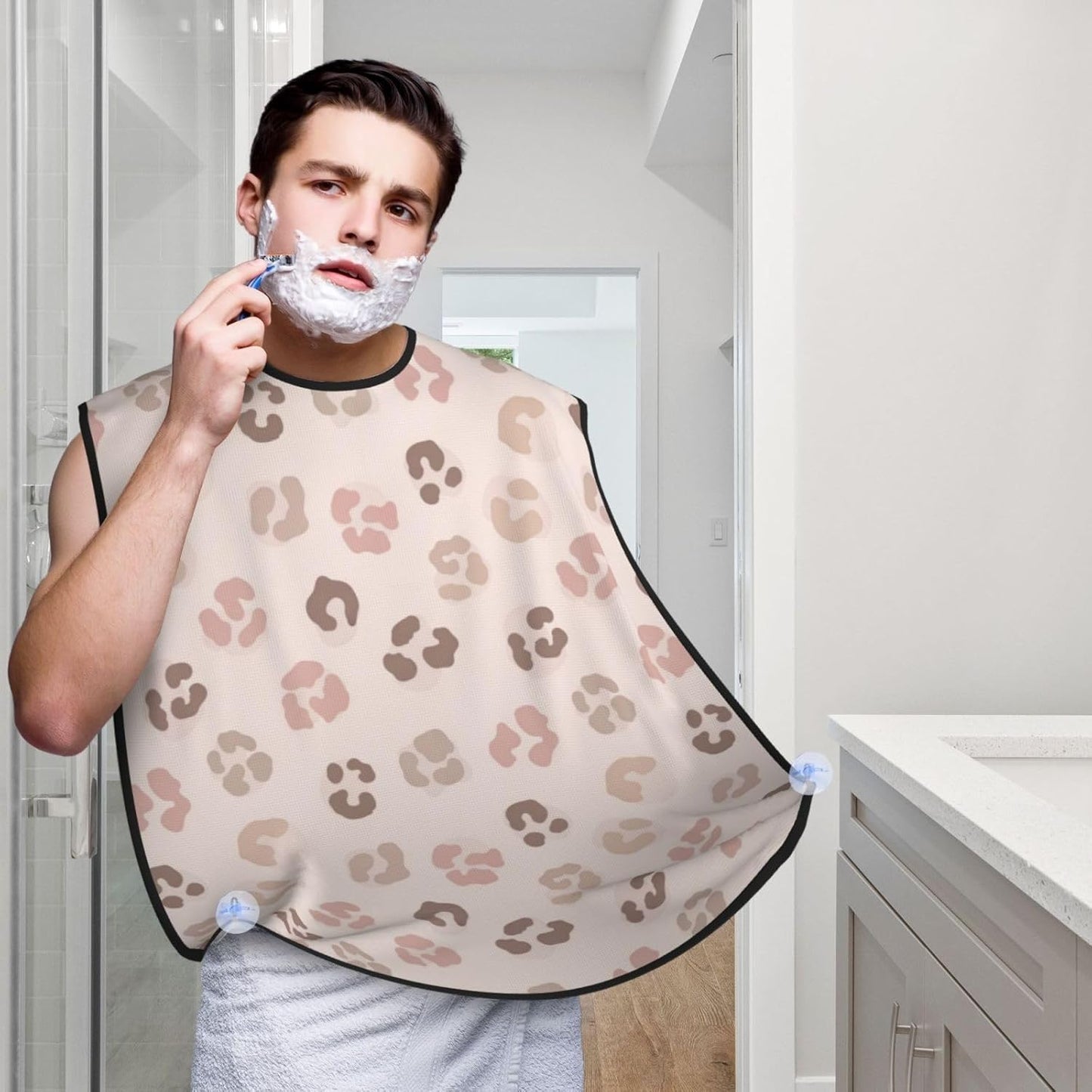 Adjustable Beard Catcher Apron, Cheetah Skin Wild Animal Pink Rose Gold Leopard Print Shave Bib, Non-Stick Waterproof Grooming Bib, Shaving Essential for Men Dad Christmas