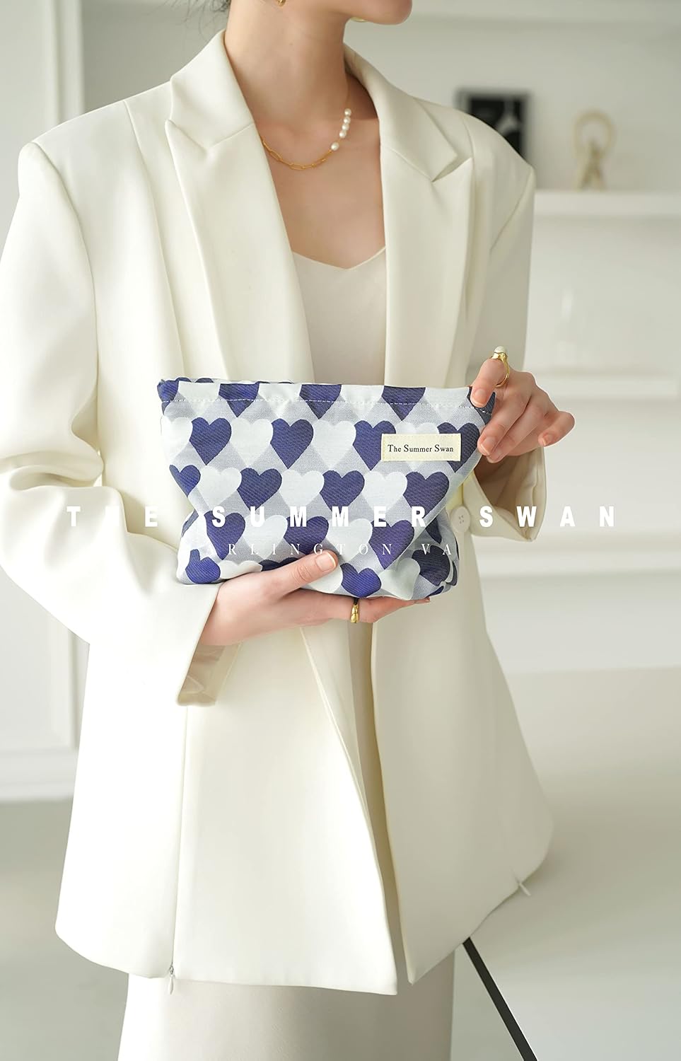 Summer Swan | Large Floral Mid-day Clutch | Period Kit & Hygiene Bag | Skincare Bag (Valentine Hearts Blue)