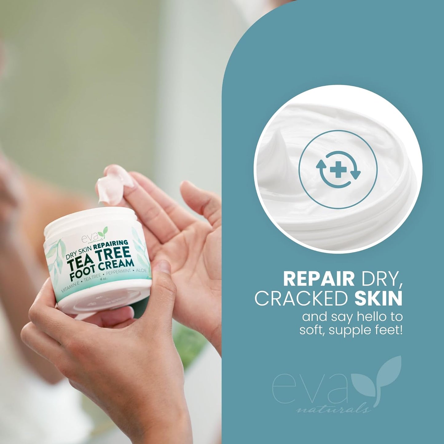 Eva Naturals Tea Tree Foot Cream - Foot Lotion with Peppermint, Menthol and Spearmint - Soothing Foot Cream Treatment for Dry Cracked Heels and Feet