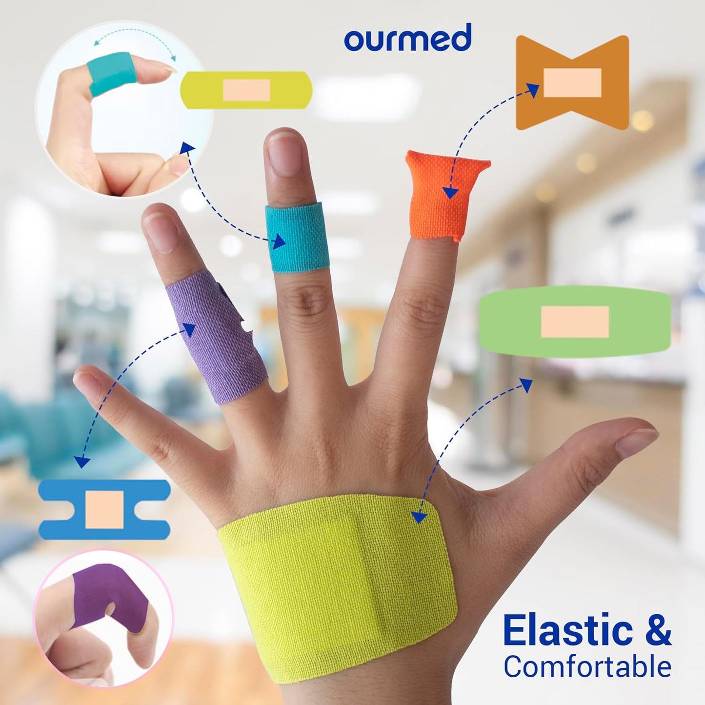 Flexible Fabric Bandages with Non-Stick Pad, Latex Free, Rainbow Colors Adhesive Bandage First Aid Wound Care for Cuts, Scrapes, Blisters, Assorted Sizes, 50 Count