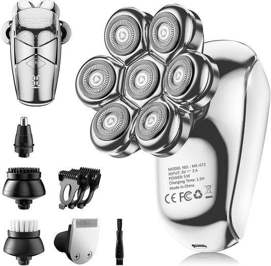 Detachable Head Shavers, SHPAVVER 5 in 1 Electric Razor IPX7 Waterproof for Bald Men, Wet Dry LED Display Rechargeable 7D Rotary Shaver Grooming Kit with Type C Charge A，Bright Silver