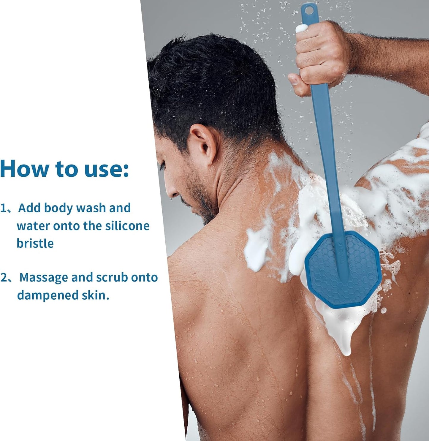 iTokGoK® All New Premium Silver-Infused Silicone Back Scrubber with Long Handle Back Brush for Shower,Back Brush Long Handle for Men and Women,Ergonomic No-Slip Handle, Long-Lasting (Blue)