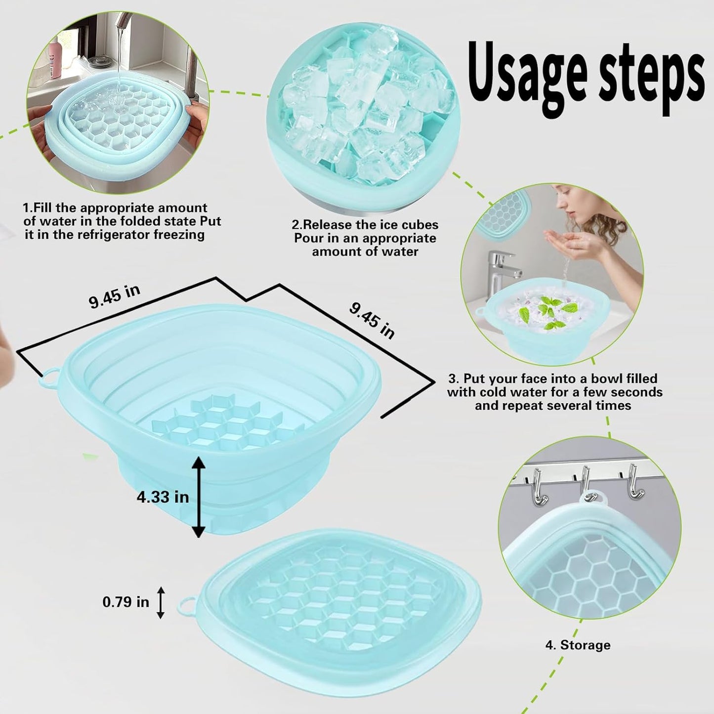 Face Bowl for Ice with Built-in IceTray,Collapsible Silicone Face Ice Bowl – Cold Plunge Therapy for Skin Tightening & Facial Treatment– Portable Spa Tool for Home & Travel（Blue)