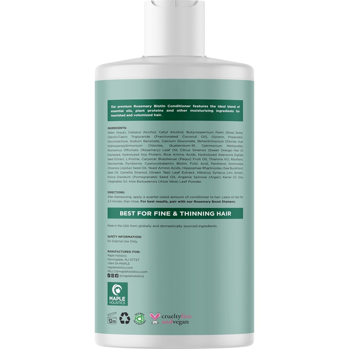 Biotin Rosemary Conditioner for Thinning Hair - Vegan Rosemary Biotin Conditioner with Volumizing Plant Proteins & B Vitamins for Fine Weak & Dull Hair - Sulfate Paraben & Silicone Free (16 Fl Oz)