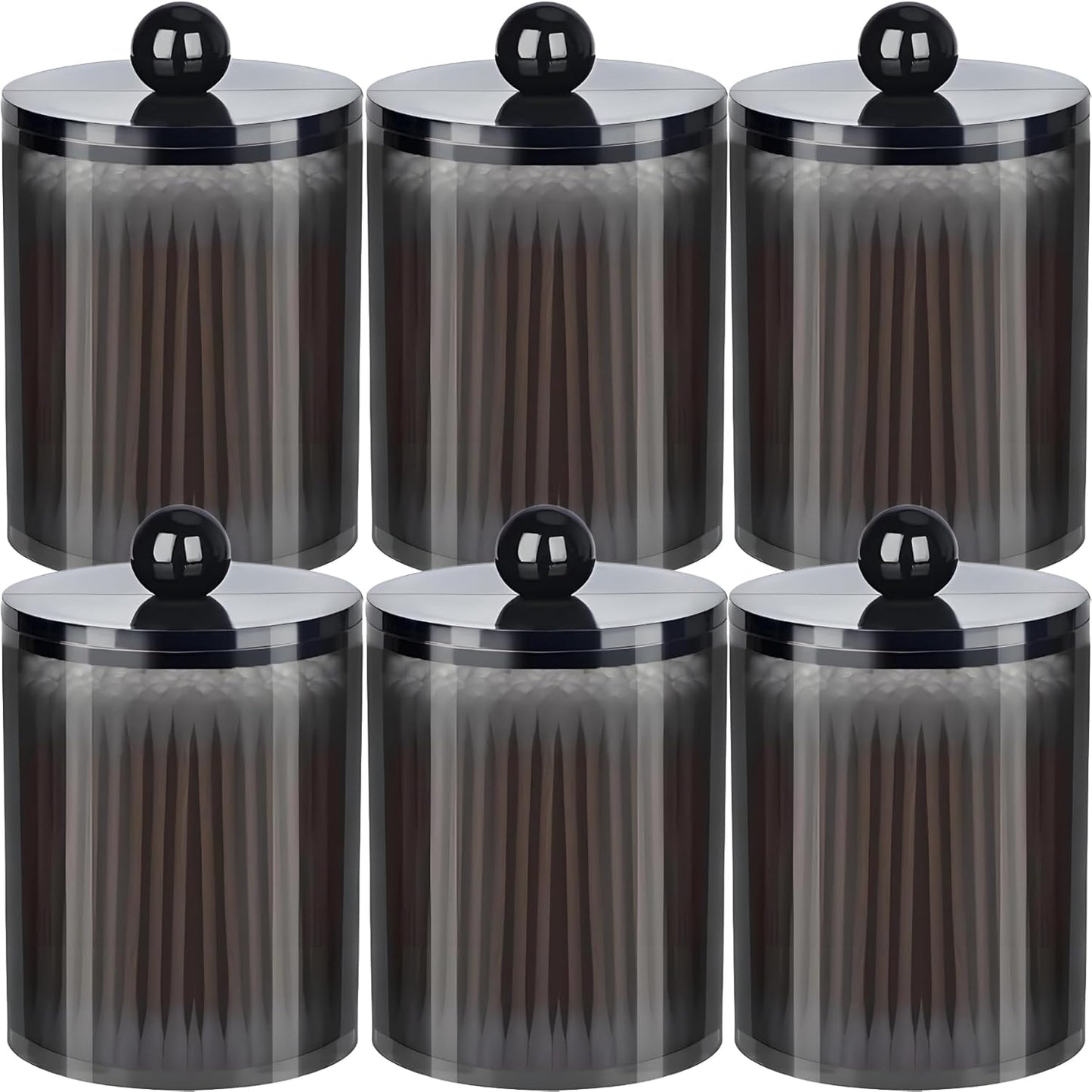 AXX Qtip Dispenser Apothecary Jars Bathroom - Qtip Holder Storage Canister Clear Plastic Jar for Cotton Swab,Q-Tips,Cotton Rounds (Black 6Pcs)