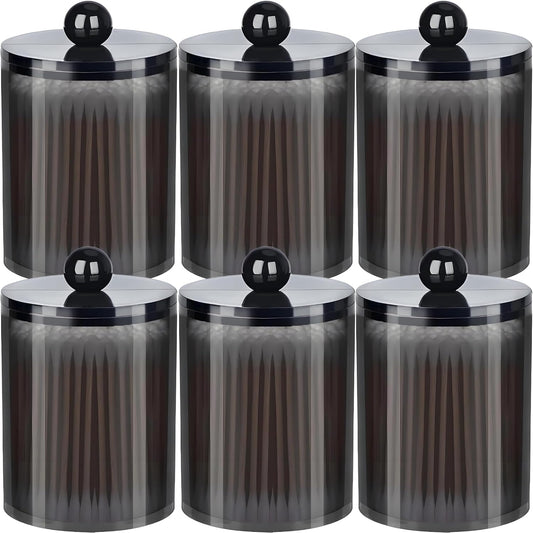 AXX Qtip Dispenser Apothecary Jars Bathroom - Qtip Holder Storage Canister Clear Plastic Jar for Cotton Swab,Q-Tips,Cotton Rounds (Black 6Pcs)