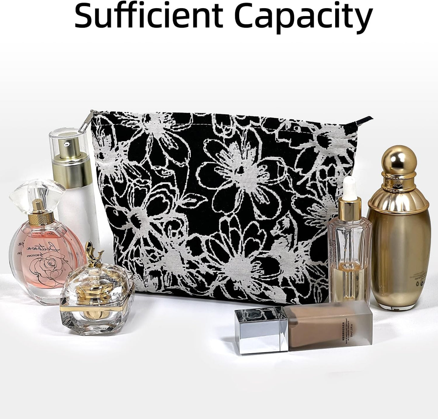 Floral Makeup Bag for Women,Travel Makeup Pouch for Purse, Black Zippered Pouch, Canvas Make Up Bag L Comfortable Lightweight Makeup Bag, Zipper Bag Cosmetic Bag for Women