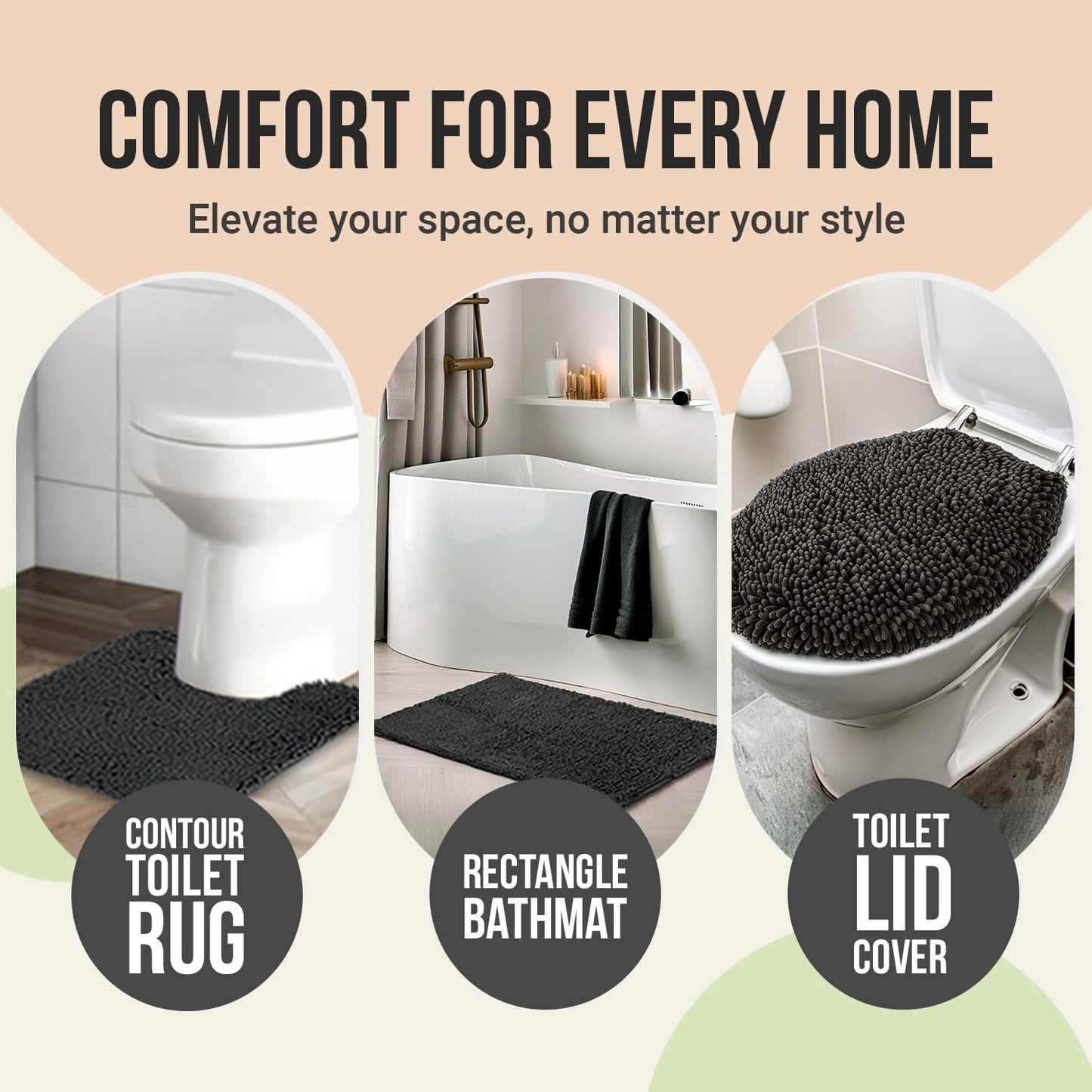 ITSOFT 3pc Non-Slip Shaggy Chenille Bathroom Mat Set, Includes 24 x 21 Inches U-Shaped Contour Toilet Rug, 34 x 21 Inches Bathmat and 1 Toilet Lid Cover, Spa Blue