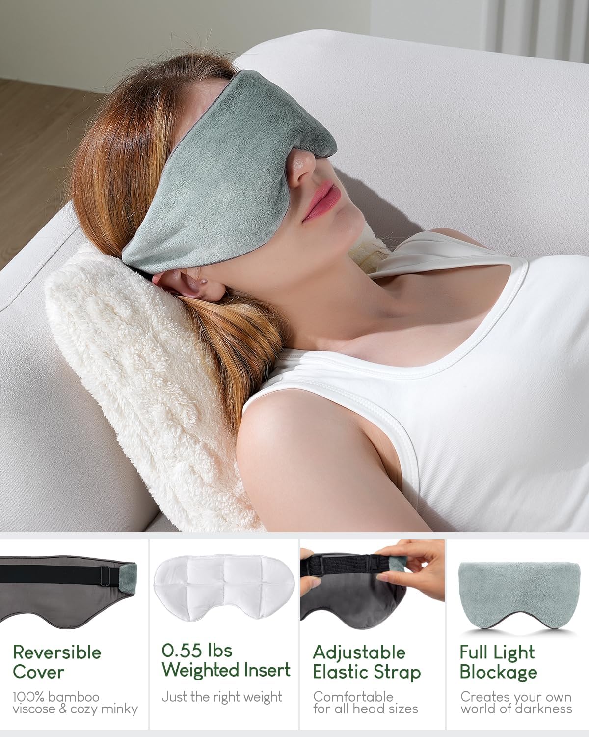 Sivio Weighted Eye Mask for Sleeping, Cooling & Cozy Reversible Blackout Sleep Mask for Women & Men, Microwave Freezable Heavy Blindfold for Migraine, Travel, Meditation, 0.55lbs, Grey