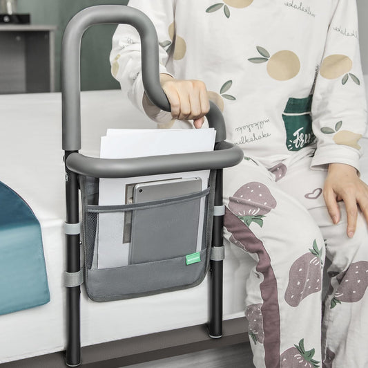 Dual Bar Bed Rail for Elderly Adults Safety with Storage Pocket, Bed Assist Rail for Seniors for Easily Getting in & Out of Bed, Bed Rails Fits King, Queen, Full, Twin Bed - Grey