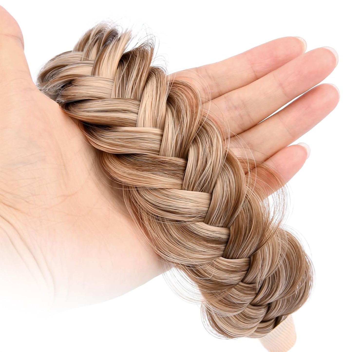 DIGUAN Wide Messy Braided Headband With Teeth Synthetic Hair Plaited Headband High Elasticity Braids Chunky Fishtail Braided Hair Band Hairpiece for Girls Women (Highlighted)