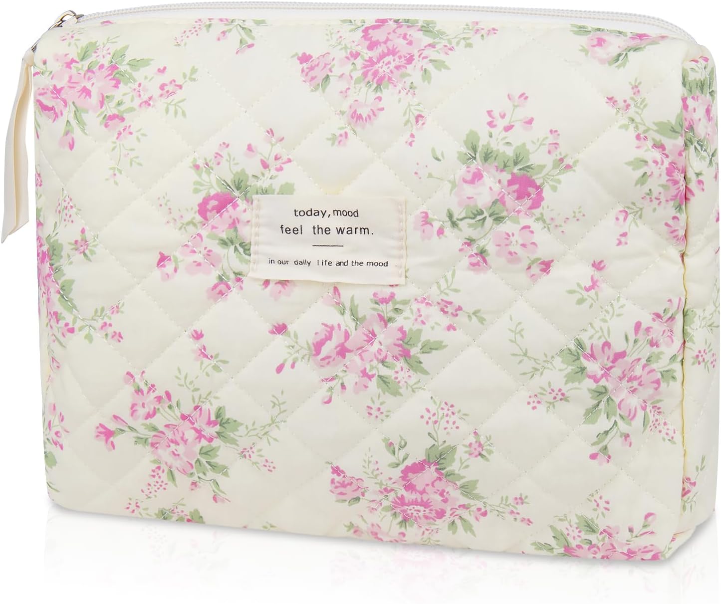 Floral Makeup Bag, Small Cosmetic Bag for Women Girls, Cute Cotton Makeup Bag, Quilted Makeup Bags, Flower Travel Toiletry Organizer Bag(Pink Flower)