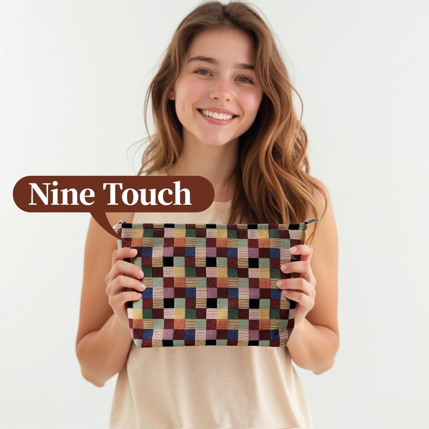 Stylish Checkered Canvas Makeup Bag – Travel Cosmetic Organizer (10.6 x 7.1 x 2.8 Inches), Large Cosmetic Bag, Colored Squares Zipper Pouch, Plaid Fabric, Plain lining