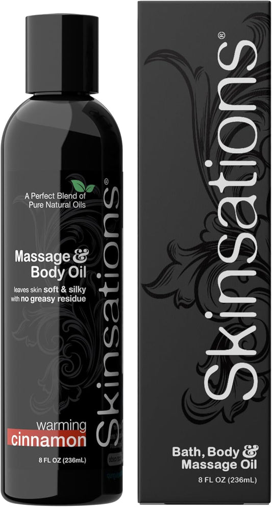 Skinsations - Cinnamon Massage Oil for Massage Therapy - 8oz | Naturally Warming Body Oil for Comfort & Aromatherapy | Sweet Almond, Coconut, Jojoba & Grapeseed Oils