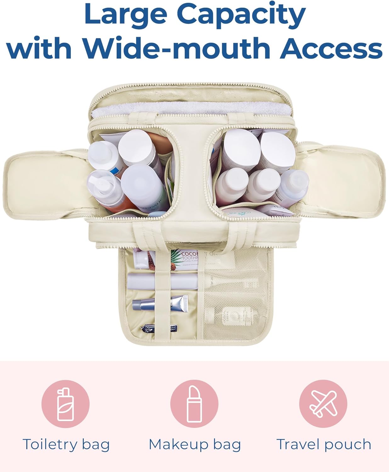 BAGSMART Travel Toiletry Bag, Lightweight Large Wide-open Travel Bag for Women, Puffy Cosmetic Makeup Bag Organizer with Handle for Accessories,Essentials, Toiletries, Beige