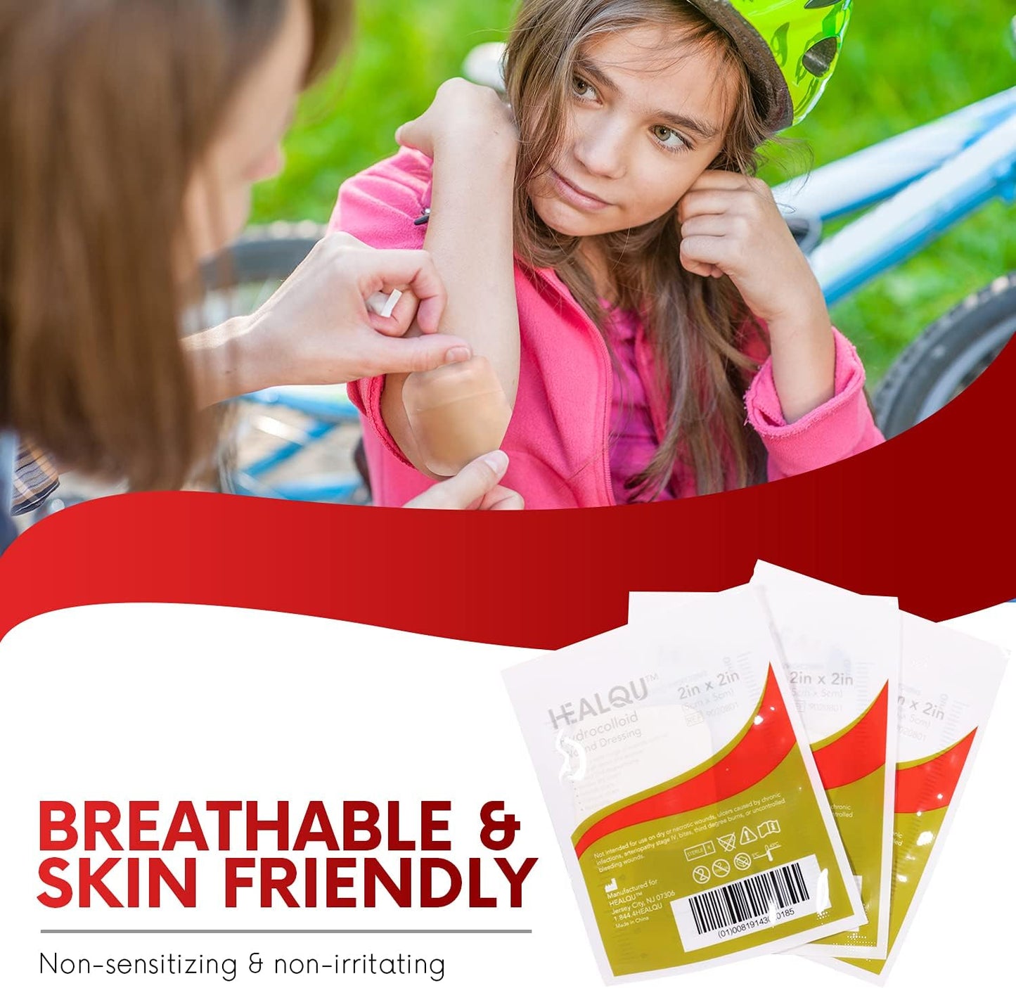 Healqu Hydrocolloid Wound Dressing - 2x2" Thin - Box of 20 Large Bandages - Sterilized Bordered Hydrocolloid Patches for Bed Sores, Abrasions, and More - Waterproof and Absorbent with Protective