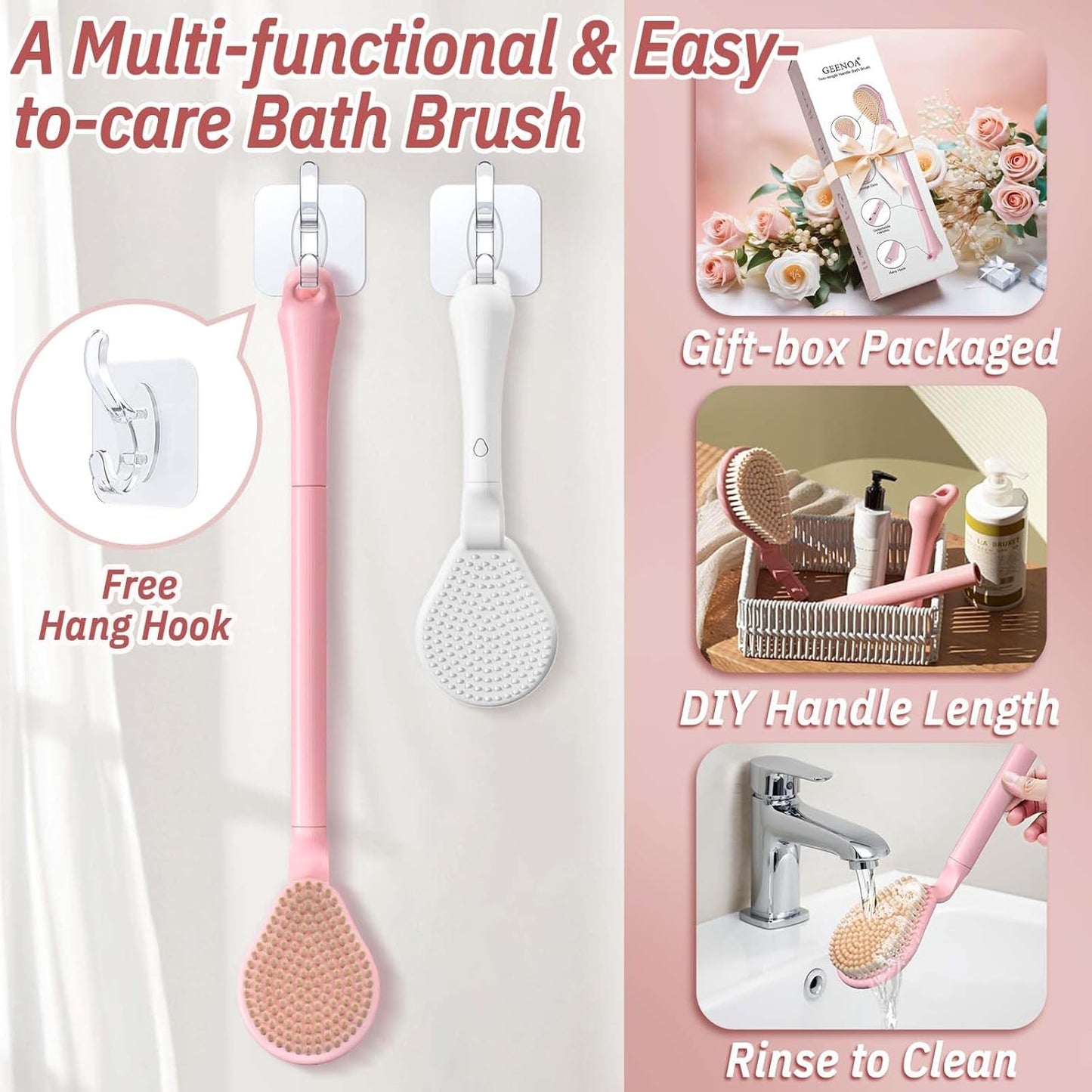 Back Scrubber for Shower, 19’’ Detachable Long Handle Shower Body Scrubber for Wet or Dry Brush, Adjustable 2-in-1 Back & Body Brush with Medium Soft Bristles for Deep Cleaning(White)