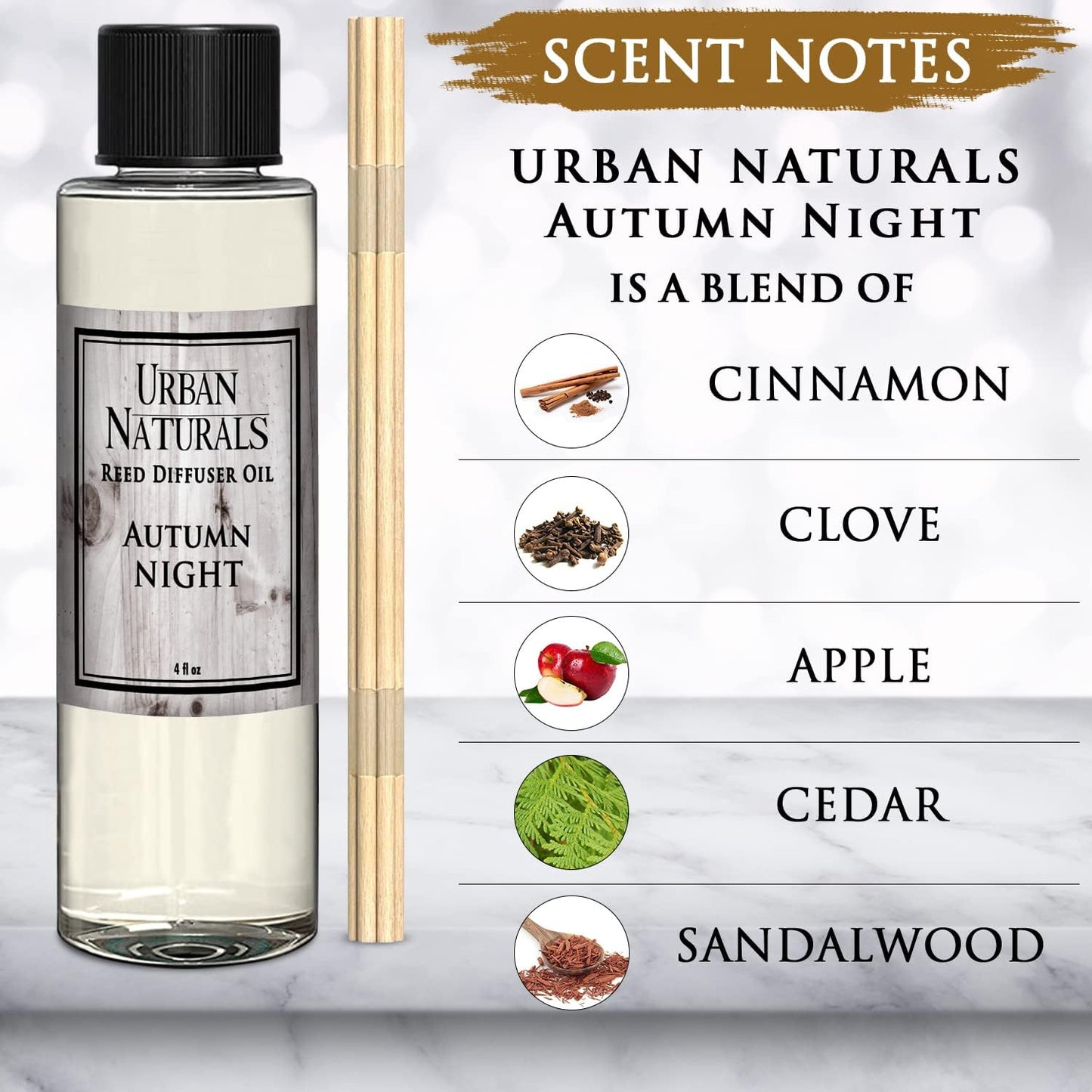 Urban Naturals Autumn Night Reed Diffuser Refill Oil with Free Set of Reed Sticks. Woodsy Fall Scent – Cinnamon, Nutmeg, Clove, Apple, Cedar & Sandalwood, 4 oz