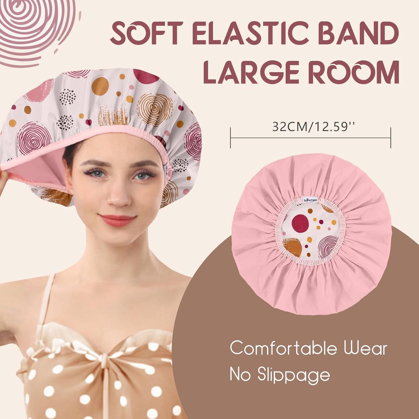 Years calm Luxury Shower Caps for Women Reusable Waterproof – Polka Dot Double Layer Bath Cap with Adjustable Elastic for Braids & Long Hair, Comfortable & Stylish, Versatile Use (Pink)