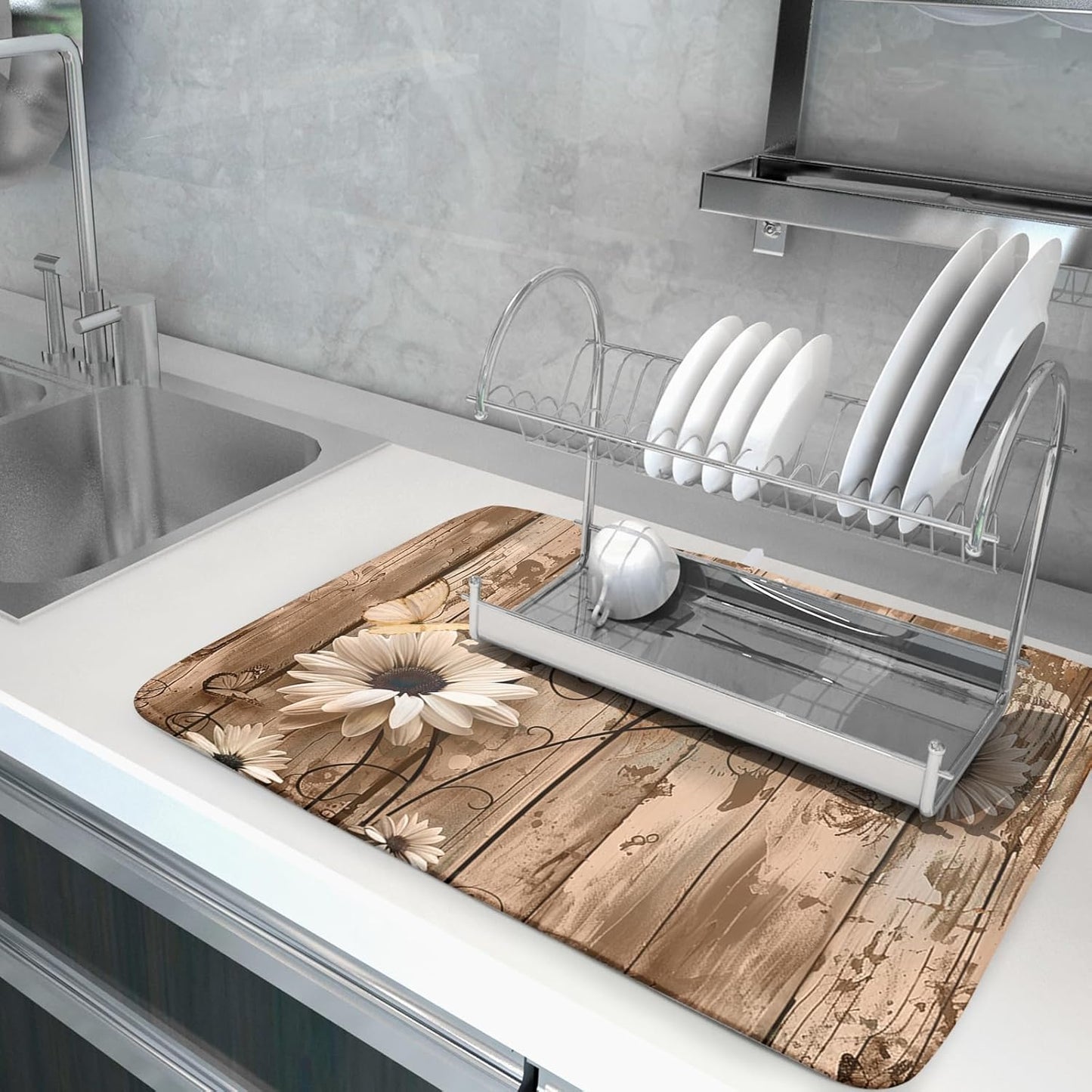 Summer Daisy Flowers Dish Drying Mat for Kitchen Counter 16x18in Rustic Wood Floral Kitchen Mat Daisy Microfiber Absorbent Dish Drainer Mat Fast Dry Kitchen Accessories Dishes Pad for Countertops