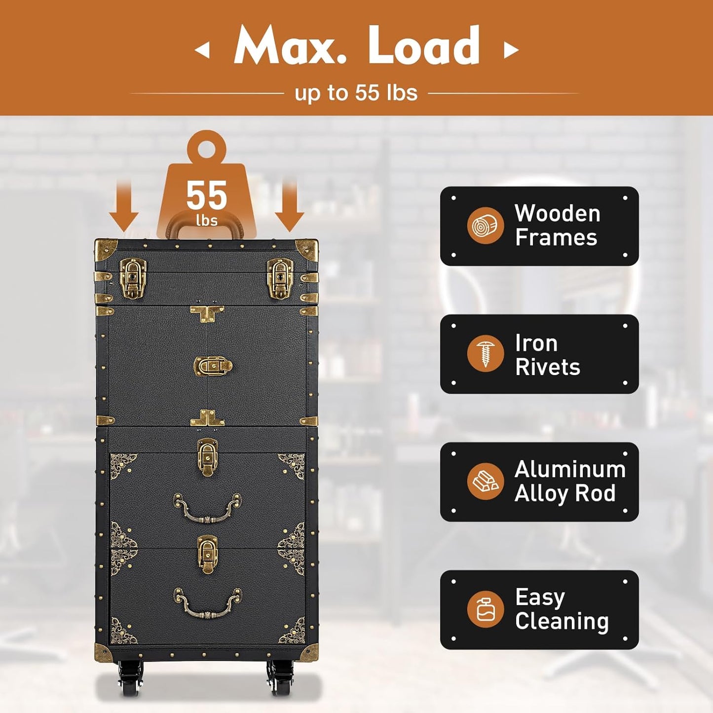 44.09lbs Lockable Makeup Train Case,Rolling Hairdressing Trolley,Beauty Salon Cosmetic Luggage with Universal Wheels for Hair Stylist,Make-up Artists (Black 2)