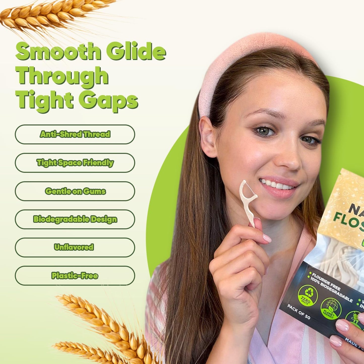 Biodegradable Floss Picks (Unflavored) - Natural Straw Wheat Handle | Thin & Durable Thread for Tight Gaps! | Dental Flossers for Adults | Gentle on Gums & Teeth | Eco Friendly, Vegan (100 Pack)