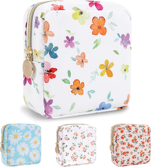 Nylon Mini Floral Makeup Bag for Purse, Small Cute Makeup Bag Preppy Flower Cosmetic Zipper Pouch, Waterproof Travel Set Coin Pouch Sanitary Napkin Storage Bag Makeup Organizer for Women(White-Flower)