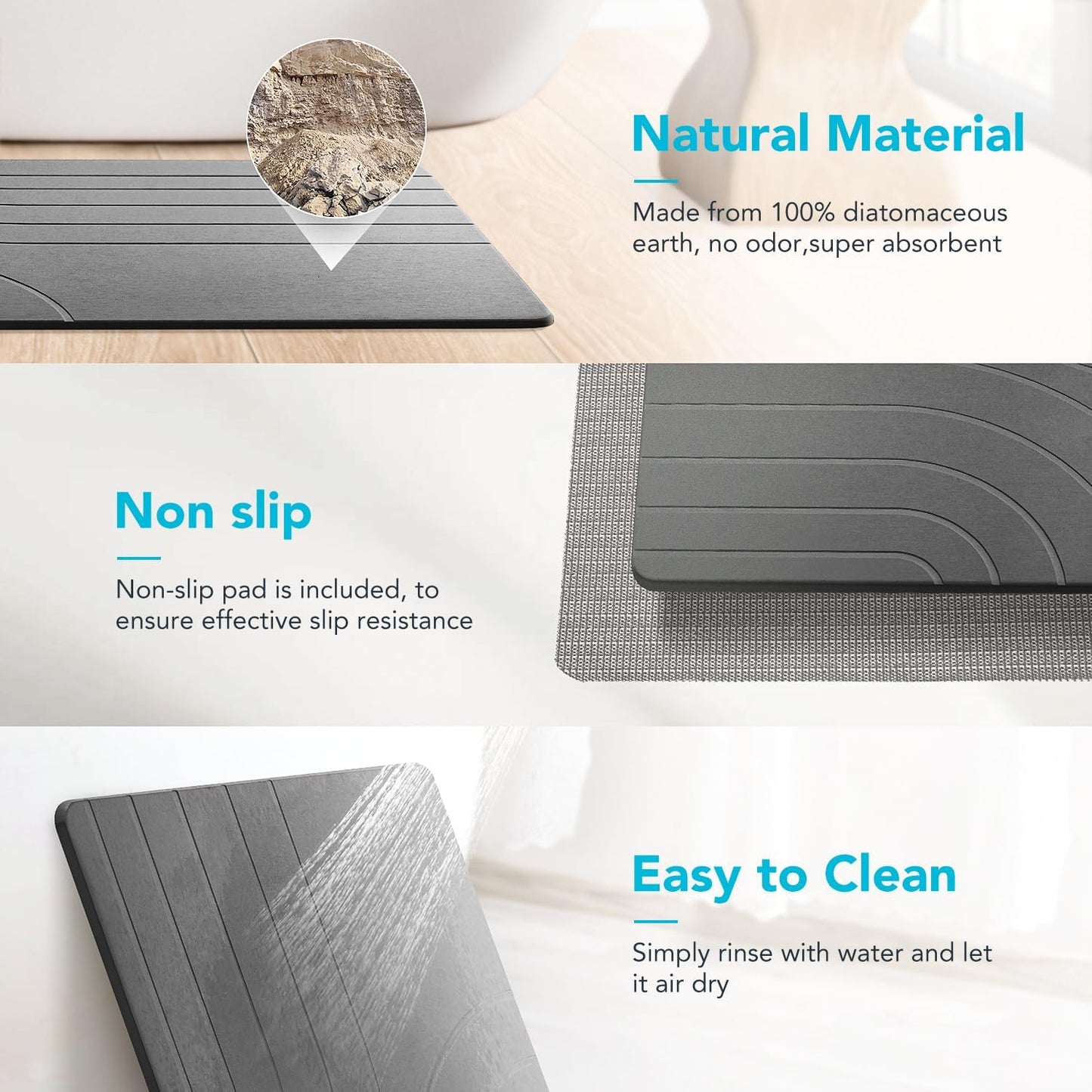 32 * 20 Large Stone Drying Bath Mat for Bathroom Diatomaceous Earth Bath Mat Quick Dry Non Slip Absorbent Bathroom Floor Mat Modernized Water Absorbing Diatomite Shower Bath Mat Grey