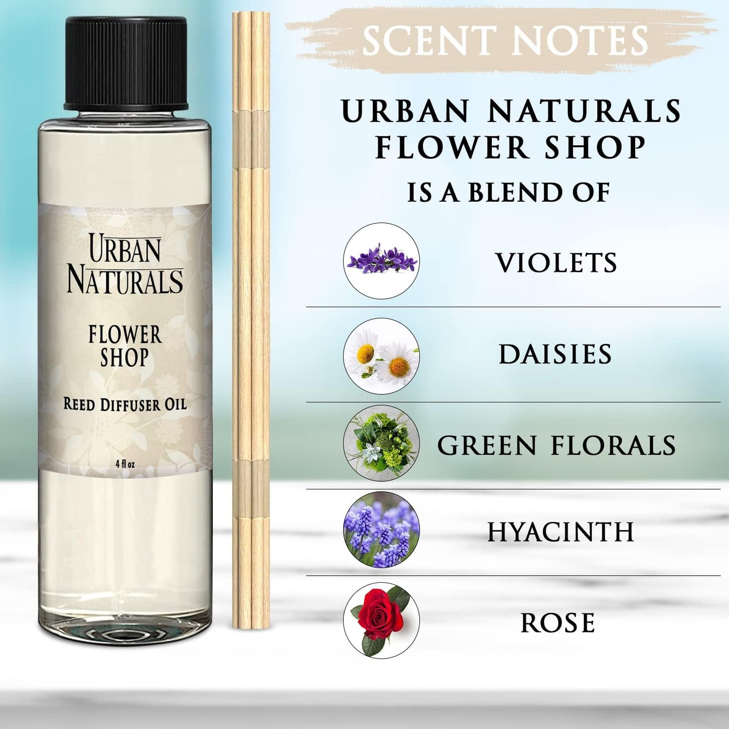 Urban Naturals Reed Diffuser Oil Refill Flower Shop, Violets, Daisies, Hyacinth, Rose Petals, 4 oz + Free Reed Sticks, Made in The USA