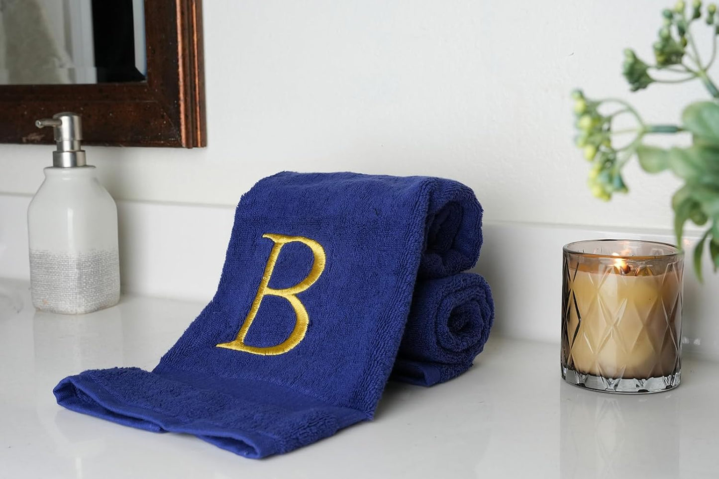 Navy and Gold Bathroom Hand Towel - Monogrammed Luxury Hotel Quality Decorative Embroidered Towel for Powder Room, Spa - GOTS Organic Certified - Pack of 2, Letter B