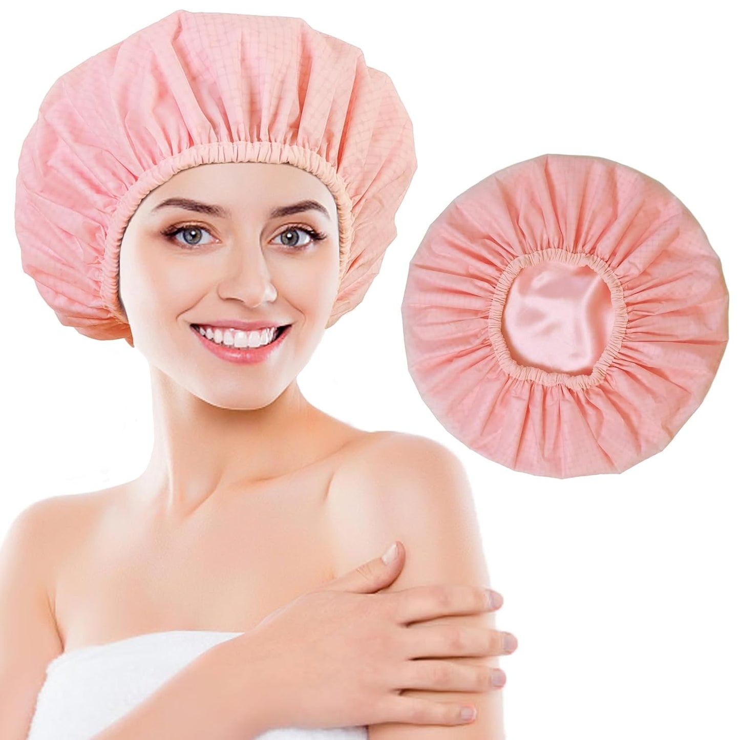 Shower Cap for Women, Shower Caps Reusable Waterproof, Large Plastic Satin Lined Shower Cap for Braids Long Hair