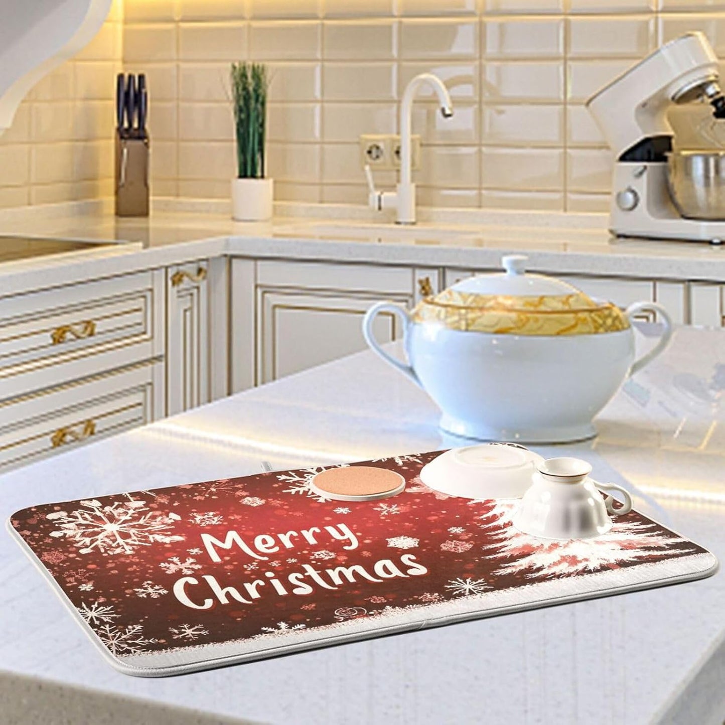 Christmas Dish Drying Mat Red Brown Snowflakes White Tree Wood Christmas Dish Drainer Mat for Kitchen Counter Drying Mat 16 x 18 Inch Absorbent Microfiber Dish Mat