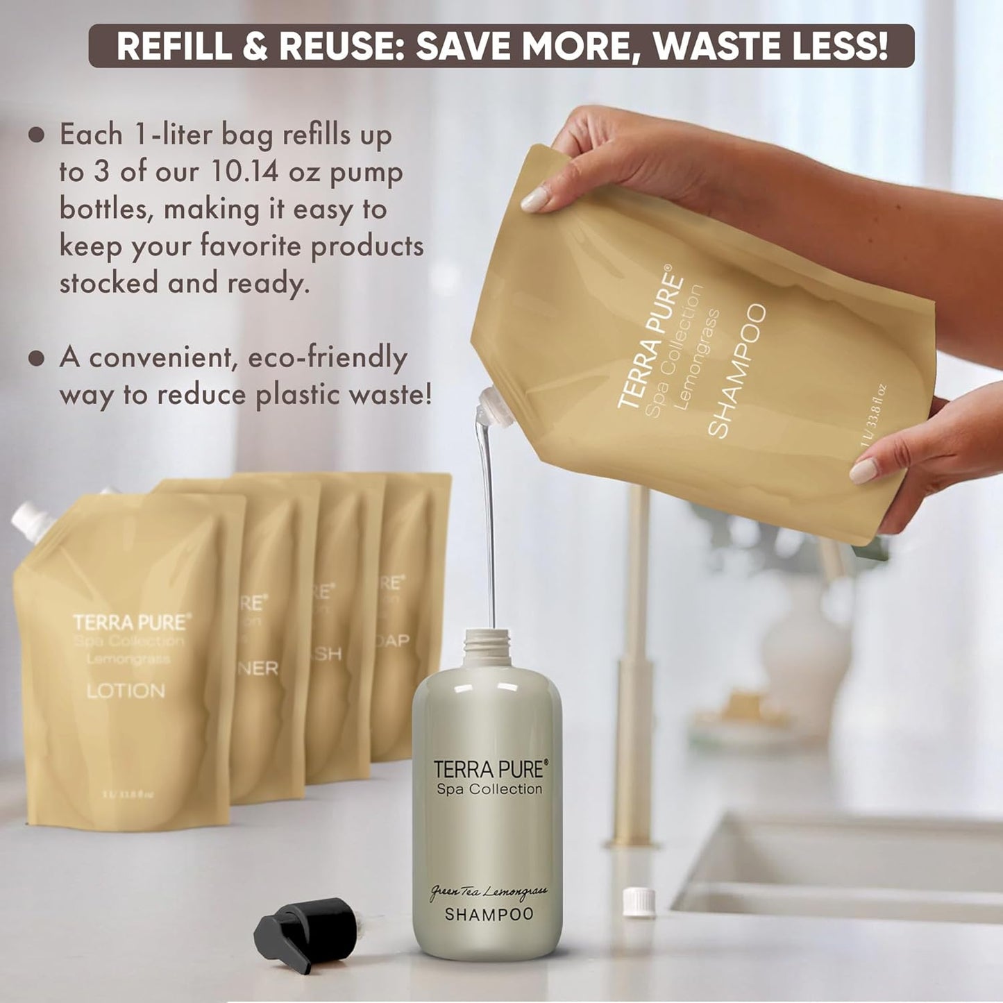 Terra Pure Spa Collection 1 Liter Shampoo Refill Bag For Soap Dispensers | Bulk Toiletries for Vacation Rentals, and Home Bathroom Showers | Green Tea Lemongrass | Single