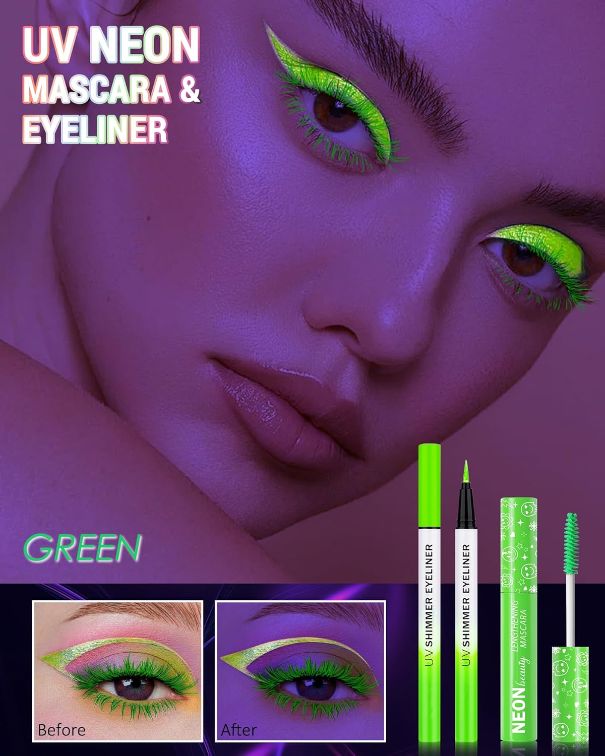 UV Neon Green Mascara & Eyeliner Set, Waterproof Volumizing Colored Mascara Volume and Length for Lashes Lengthening, Long Lasting Glitter Liquid Eyeliner Pencil, Halloween Glow in the Dark Makeup-06