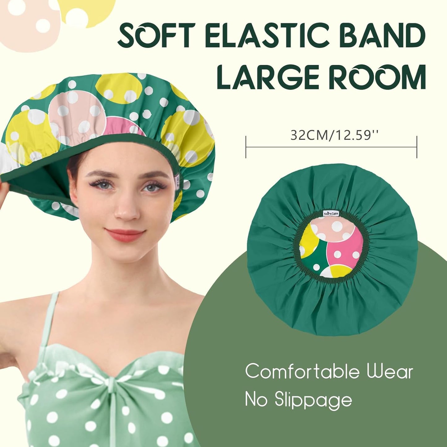 Years calm Luxury Shower Caps for Women Reusable Waterproof – Polka Dot Double Layer Bath Cap with Adjustable Elastic for Braids & Long Hair, Comfortable & Stylish, Versatile Use (Green)