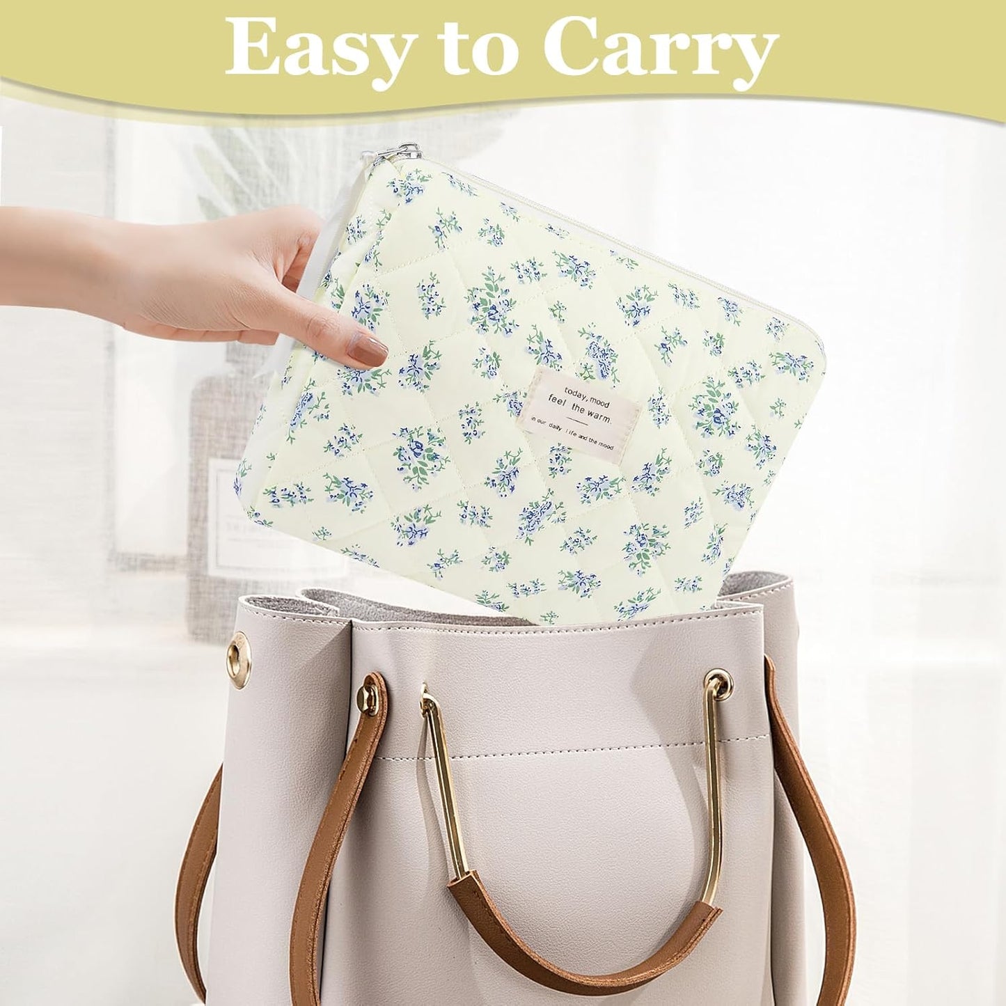 Floral Makeup Bag, Small Cosmetic Bag for Women Girls, Cute Cotton Makeup Bag, Quilted Makeup Bags, Flower Travel Toiletry Organizer Bag(LSHH)