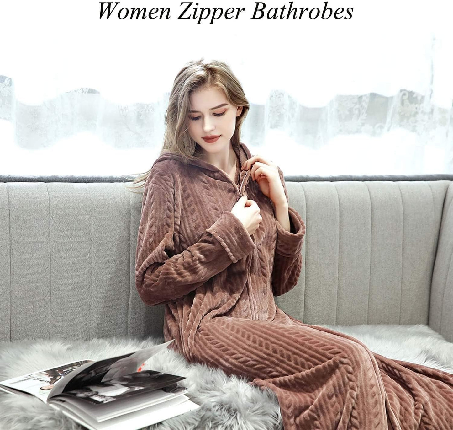 Hellomamma Long Hooded Zipper Bathrobe for Womens Flannel Fleece Robes Winter Warm Housecoat Nightgown Sleepwear Pajamas