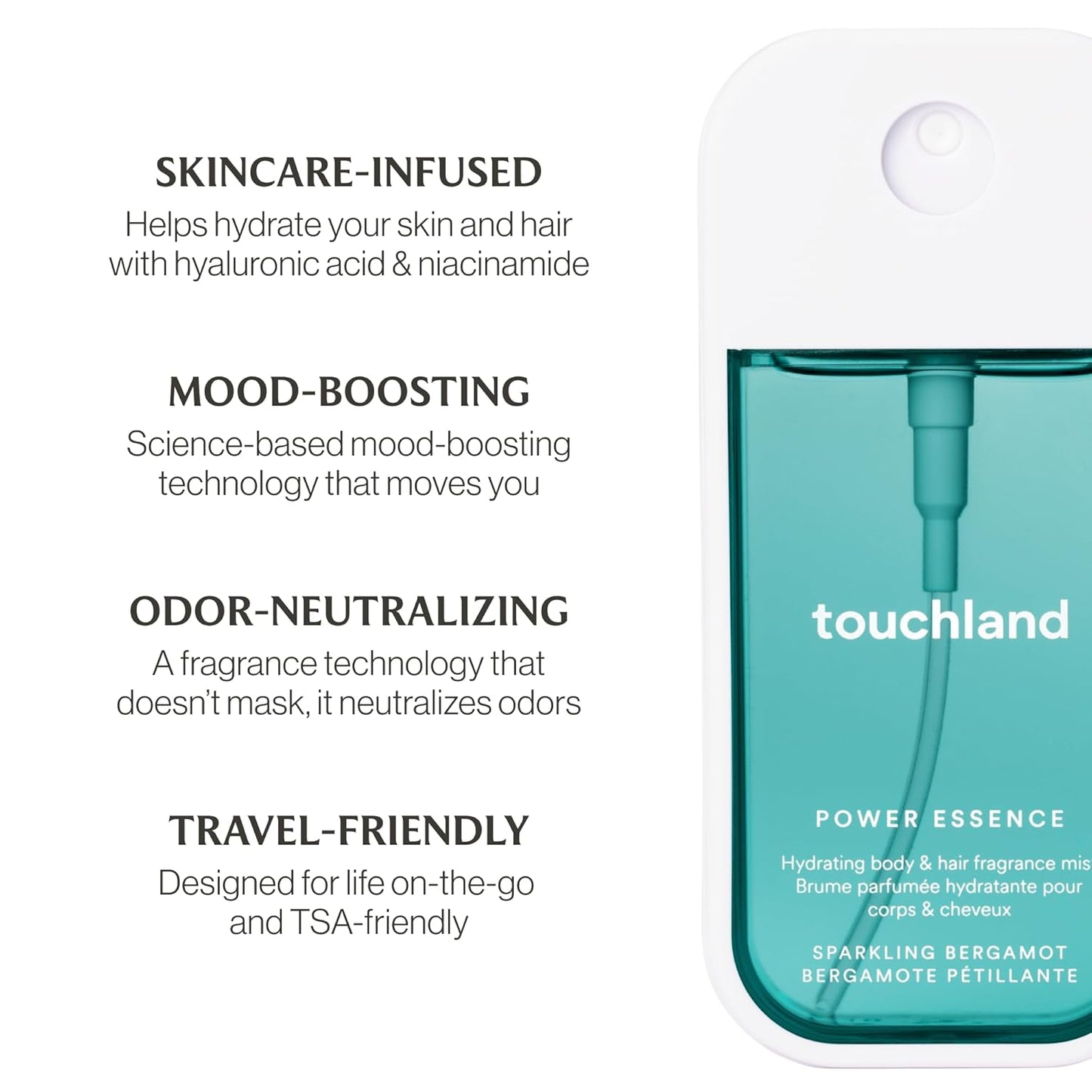 Touchland Power Essence Hydrating Body & Hair Fragrance, Sparkling Bergamot, 2 FL. OZ. Travel Size Body Mist