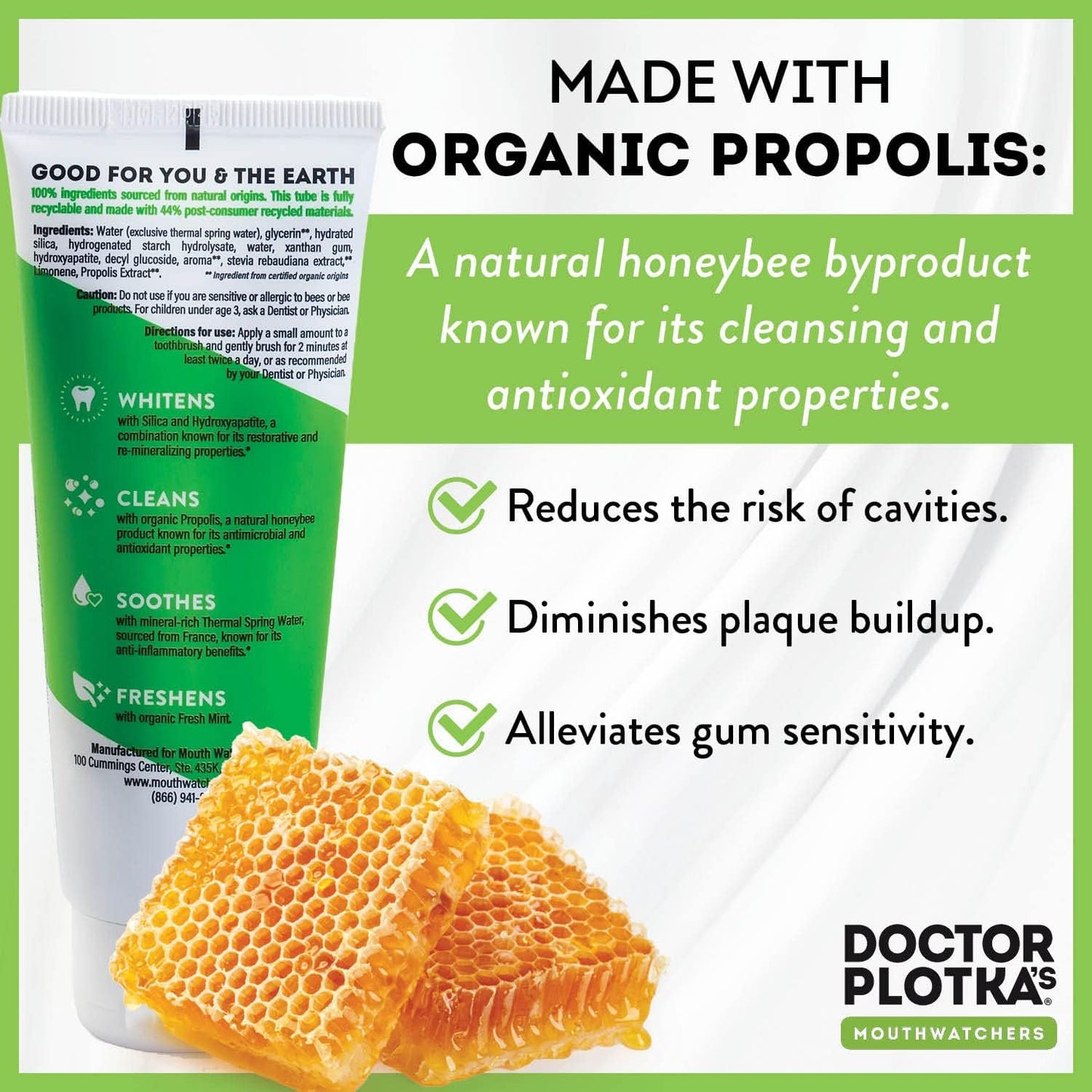 MOUTHWATCHERS Whitening Fluoride Free Naturally Sourced Toothpaste, 4 Tubes, 3 oz Each, for Sensitive Teeth and Gums, Organic, SLS Free, Fresh Organic Mint and Propolis, by Dr. Plotka's