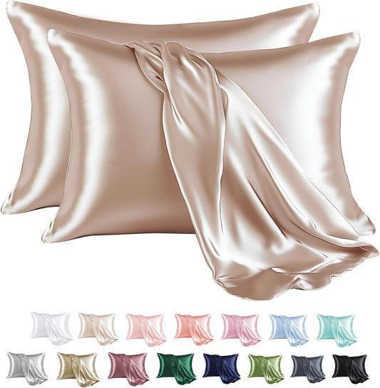 MR&HM Satin Pillowcase for Hair and Skin, Silk Satin Pillowcase 2 Pack, Queen Size Pillow Cases Set of 2, Silky Pillow Cover with Envelope Closure (20x30, Champagne)