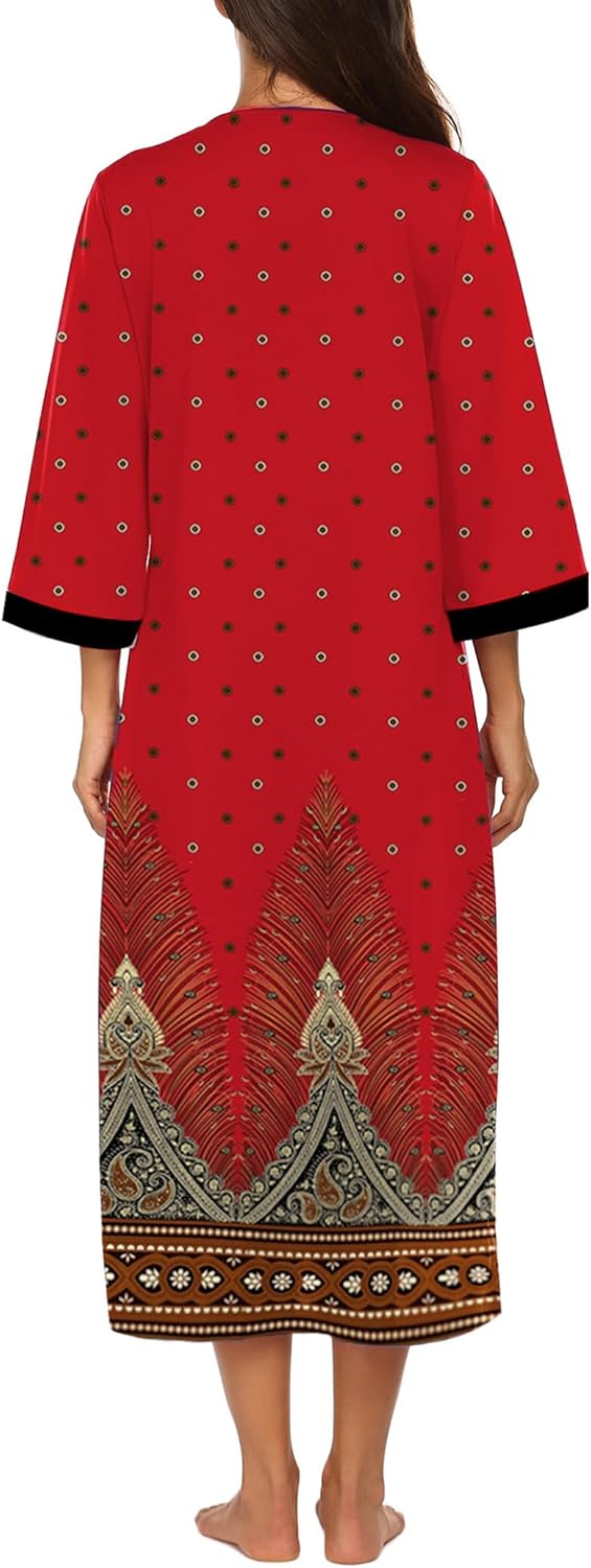 Ekouaer Women Zipper Robe 3/4 Sleeves Loungewear Dress Full Length Sleepwear Pockets Housecoat Nightgown Long Bathrobe