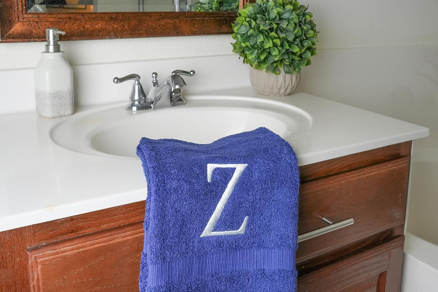 Navy Monogram Hand Towel for Bathroom - Monogrammed Initial Hotel Quality Decorative Embroidered Luxury Towel for Powder Room, Spa - GOTS Organic Certified - Pack of 2, Letter Z