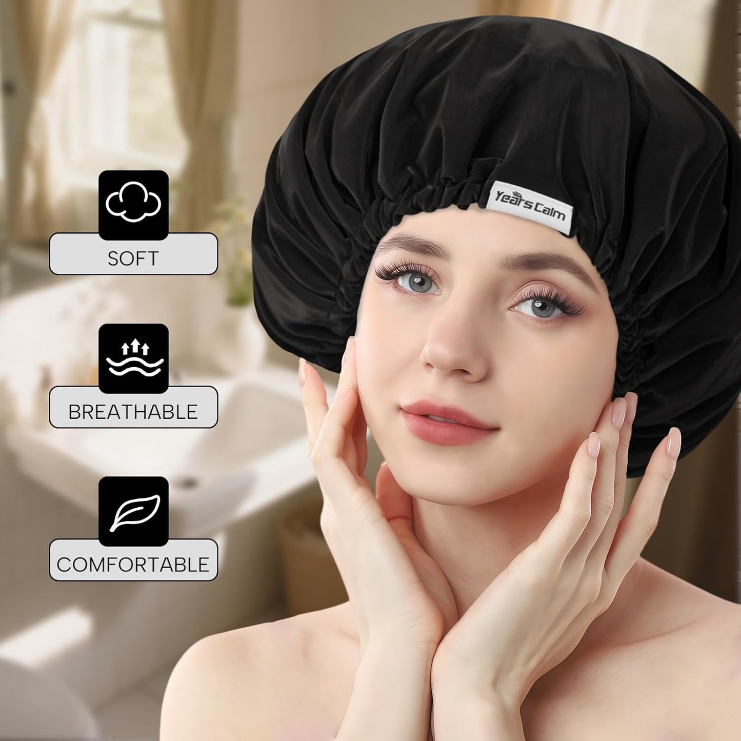 Years calm Shower Cap Reusable Waterproof, Double-Layer Hair Cap, with Elastic Band, Ideal for Shower, Spa, Travel & Cleaning (black, One Size)