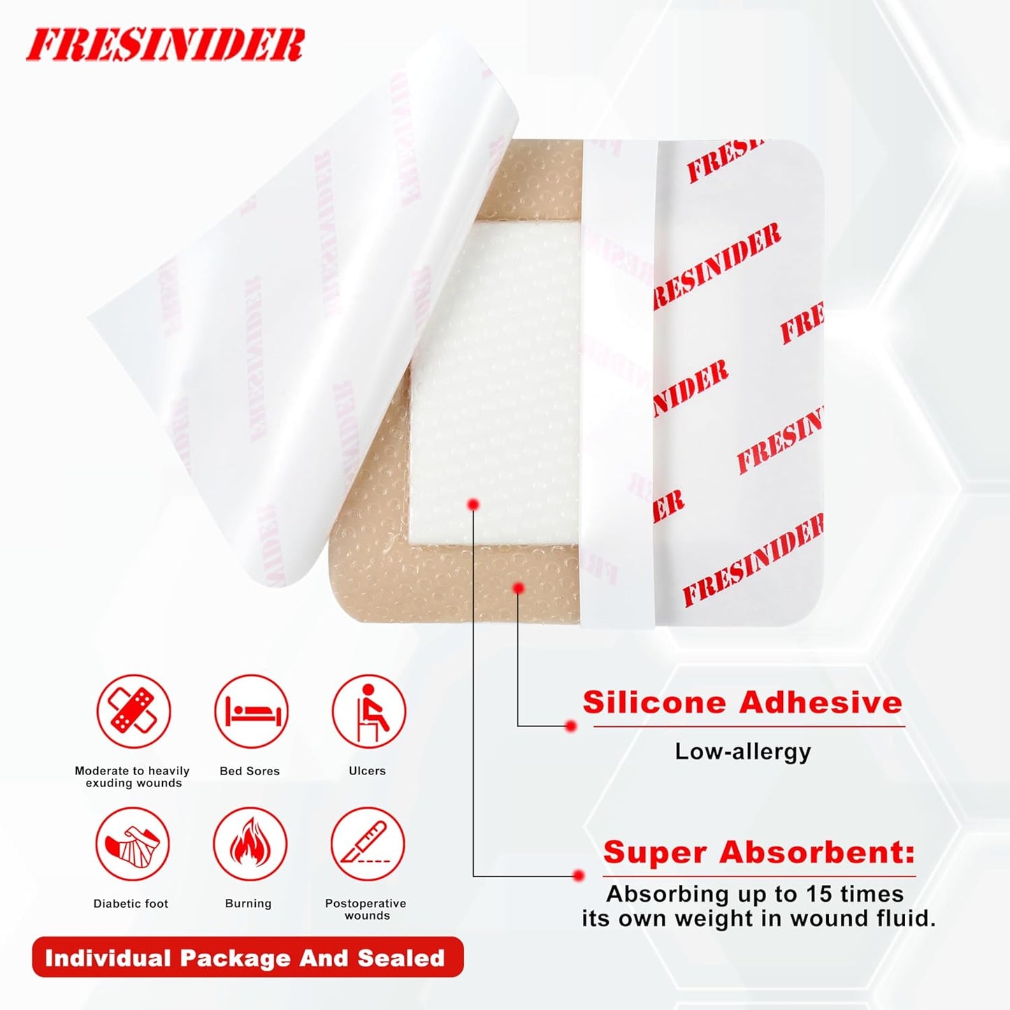 FRESINIDER Silicone Foam Dressing with Adhesive Border – Wound Dressing Bandage – Silicone Foam Pad – Pack of 10 – 2 x 2 Inches Large Waterproof Bandages – Self Adhesive Wound Care and Dressings