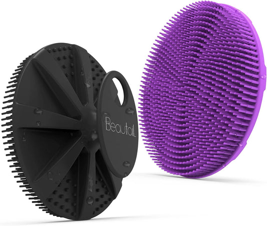 Silicone Body Scrubber 2 Pack, BEAUTAIL Shower Bath Scrubber, More Hygienic Than Traditional Loofah, Lather Nicely, Gentle Exfoliating Brush for Women Men Baby Sensitive Skin, Black+Purple