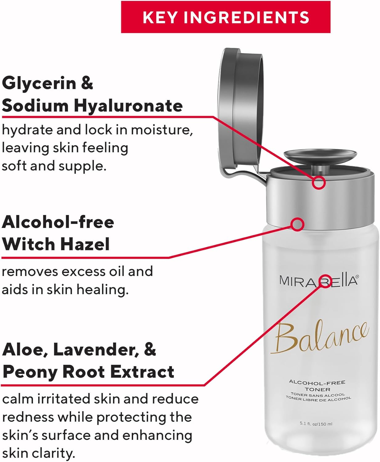 Mirabella Balance Toner for Face, Unscented Alcohol-Free Toner Offers Restorative Hydration & Cleansing for All Skin Types, Even Sensitive Skin, with Hyaluronic Acid, Glycerin, Aloe, & Witch Hazel