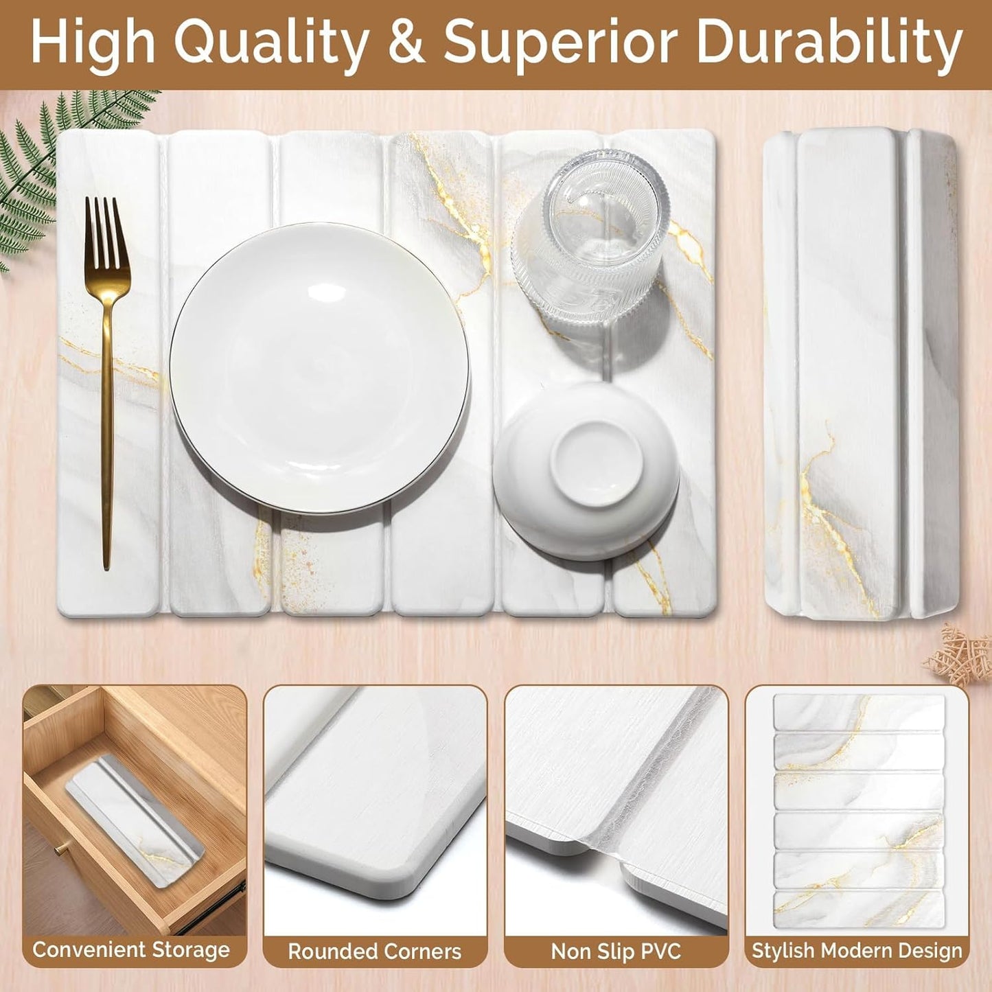 2 PCS Stone Dish Drying Mat for Kitchen Counter,Quick Dry Stone Dishes Mats,Marbled Water Absorbing Diatomaceous Earth Drying Pad for Countertop Bottles Utensils Cups(Gold White 16"×12" & 8"x4")