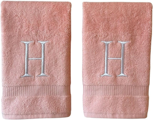 Pink Initial Hand Towel for Bathroom - Monogrammed Luxury Hotel Quality Decorative Embroidered Towel for Powder Room, Spa - GOTS Organic Certified - Set of 2 Letter H