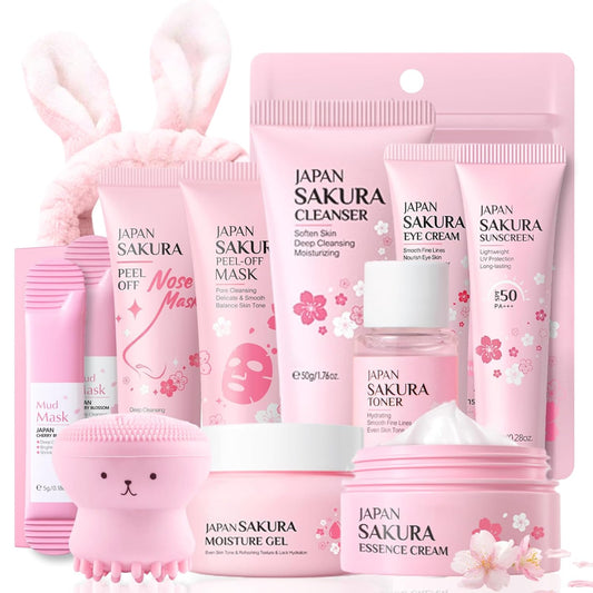 Skincare Kit Sakura Teen Girls Gifts - Skin Care Set Travel Size Toiletries - Sakura Skin Care for Teens 10-12 Hydrating - Teen Facial Kit Gift Set for Women with Bunny Headband（11PCS）