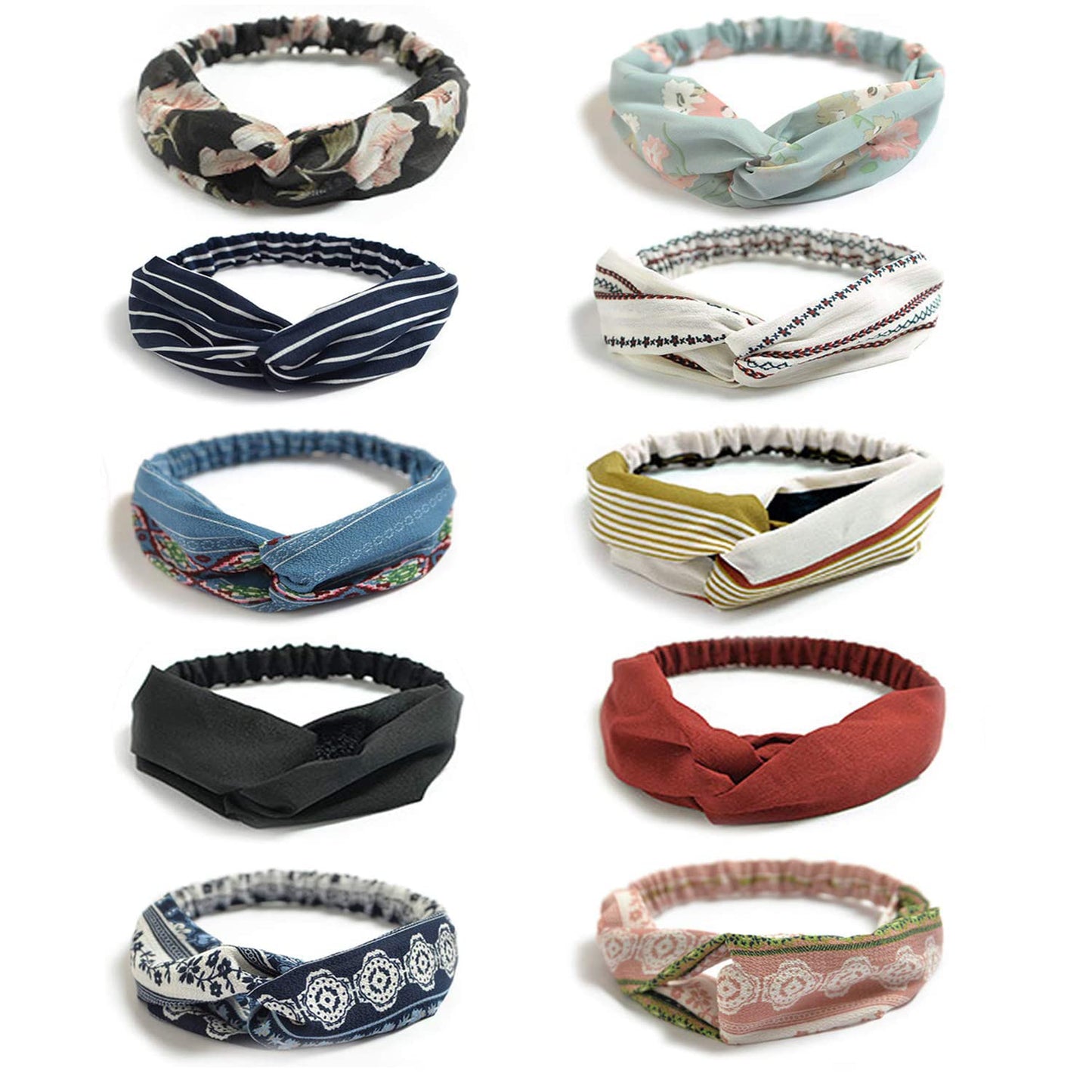 DRESHOW 10 Pack Boho Headbands for Women Vintage Cross Elastic Head Wrap Hair Accessories